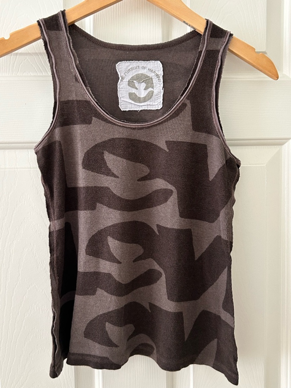 Y2K Distressed Ribbed Tank Top Cotton/Bamboo Eco Friendly Brown Raw Edge Small
